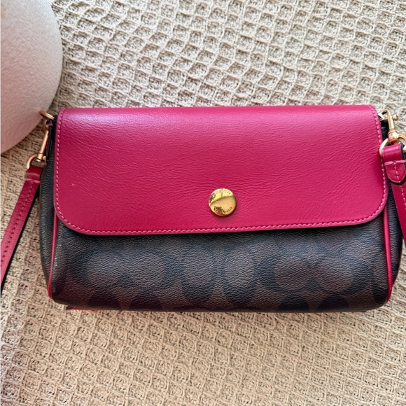 Coach Handbags - Coach Signature Canvas Crossbody with Red Flap and Brown Body